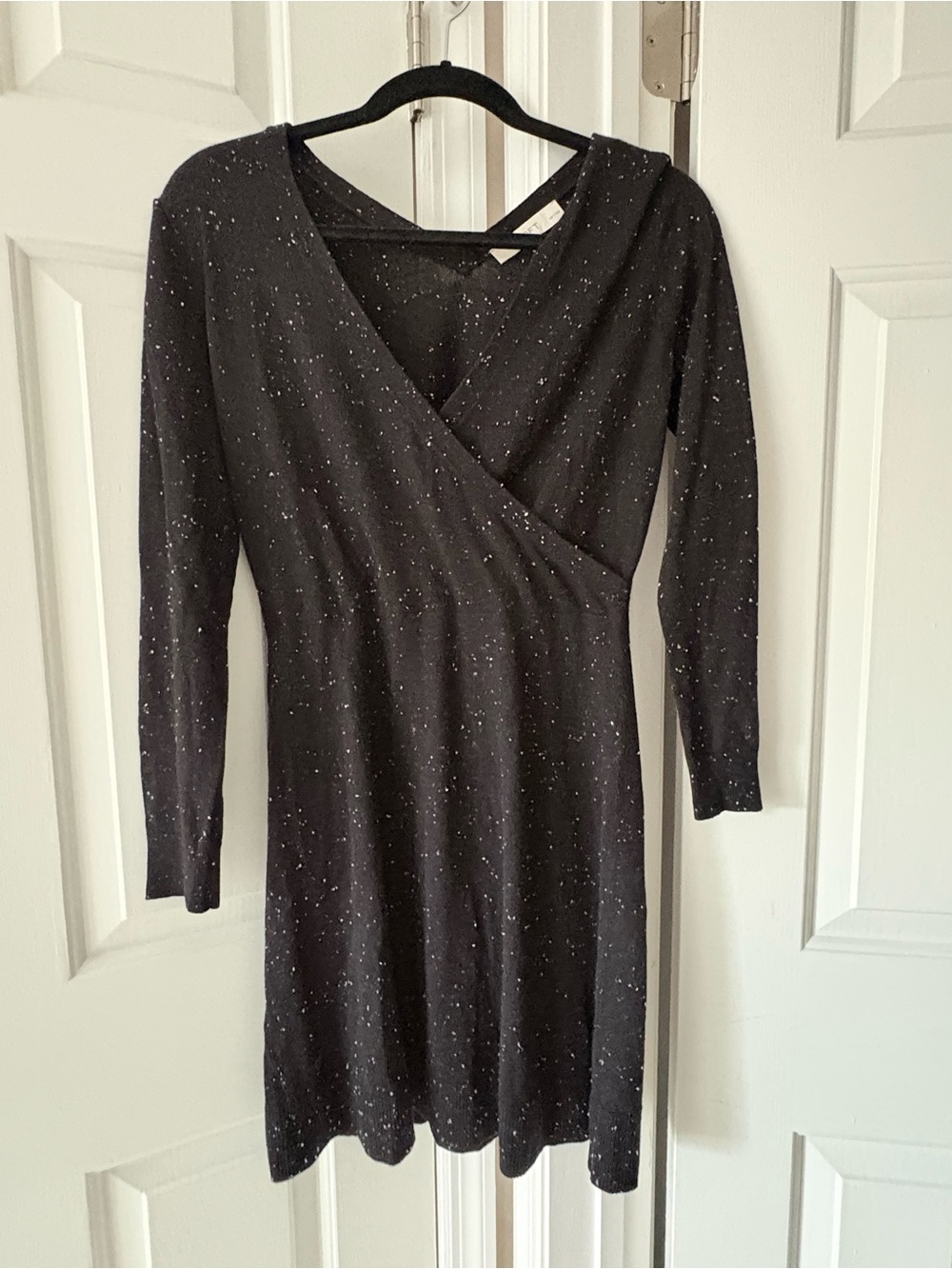 Long Sleeve Black Speckled Wrap-Style Dress
